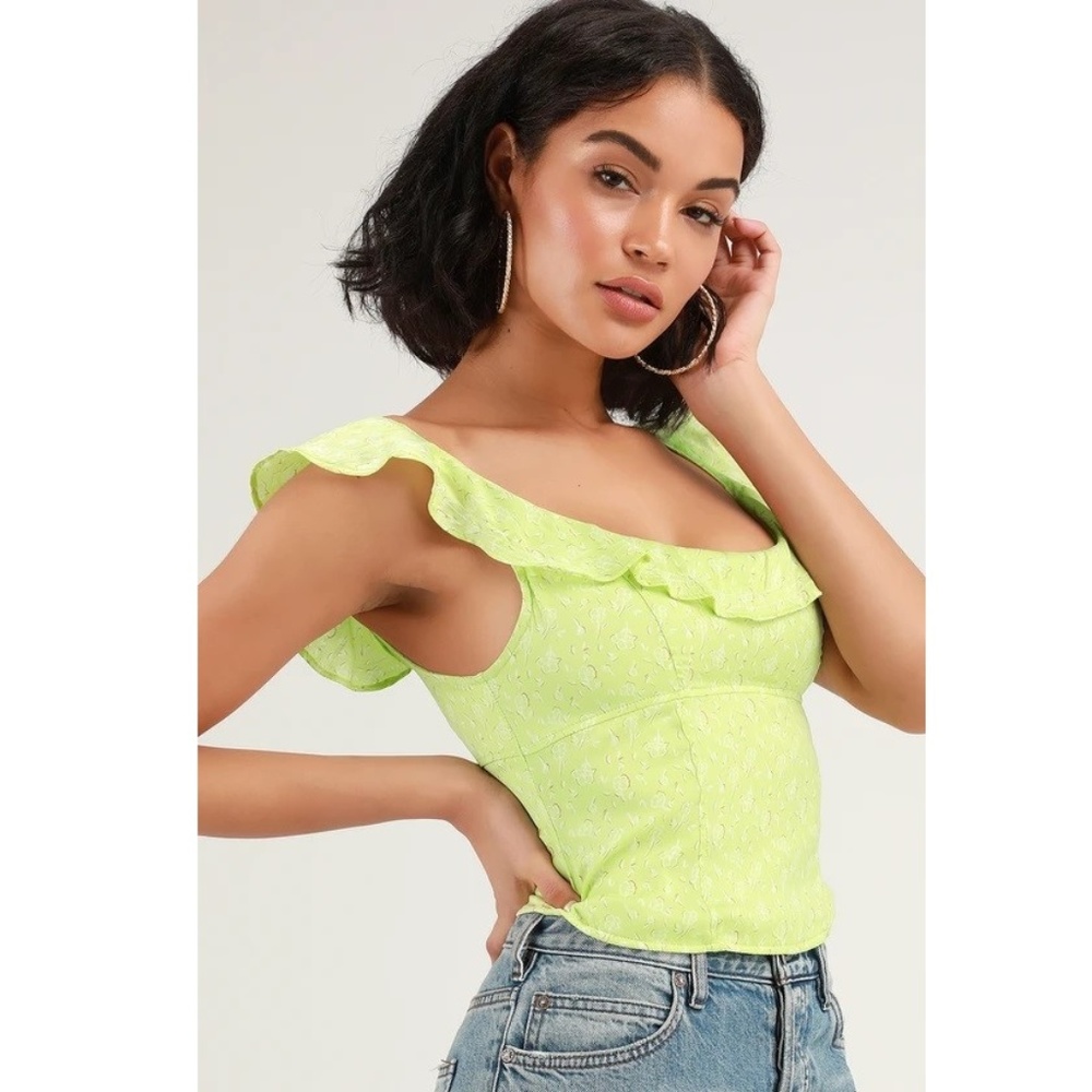 Lime Green Floral Print Satin Ruffled Top